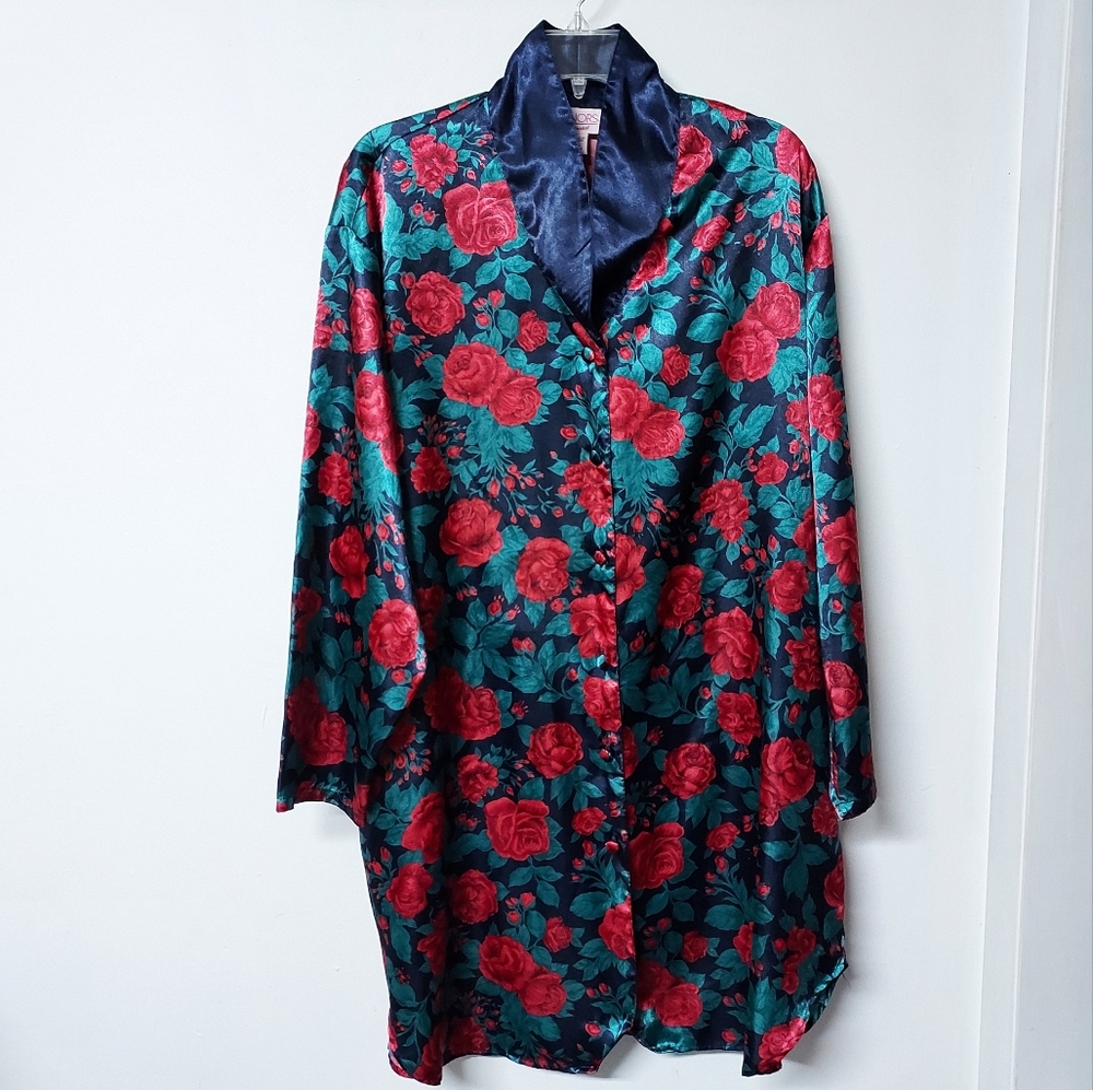 🌹 Vintage HONORS Intimates rose satiny pajama coat womens oversized XL-2X